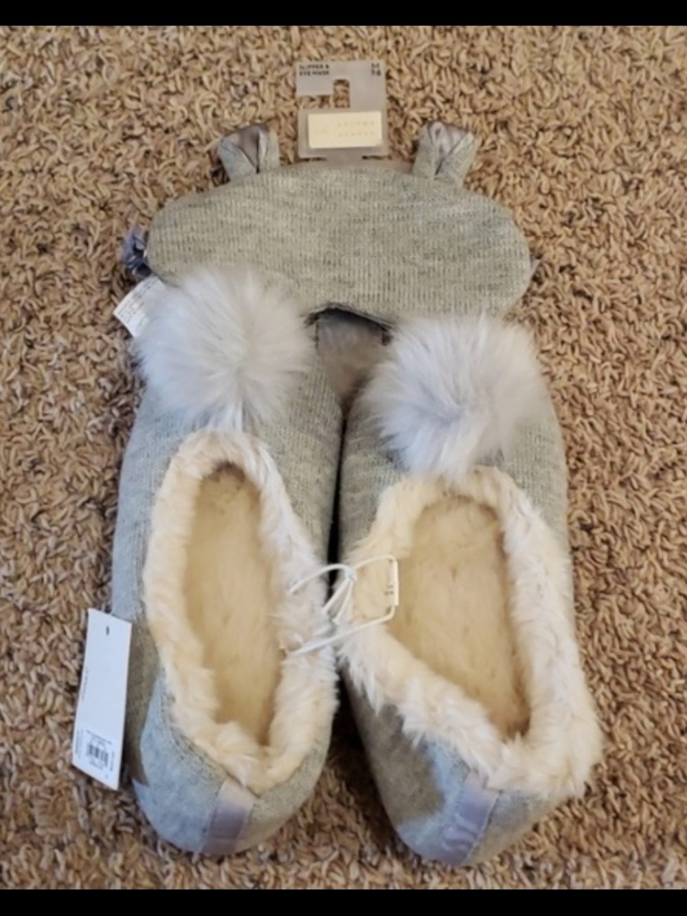 LC Lauren Conrad Gray Knit Slippers with Fluffy Pom Poms